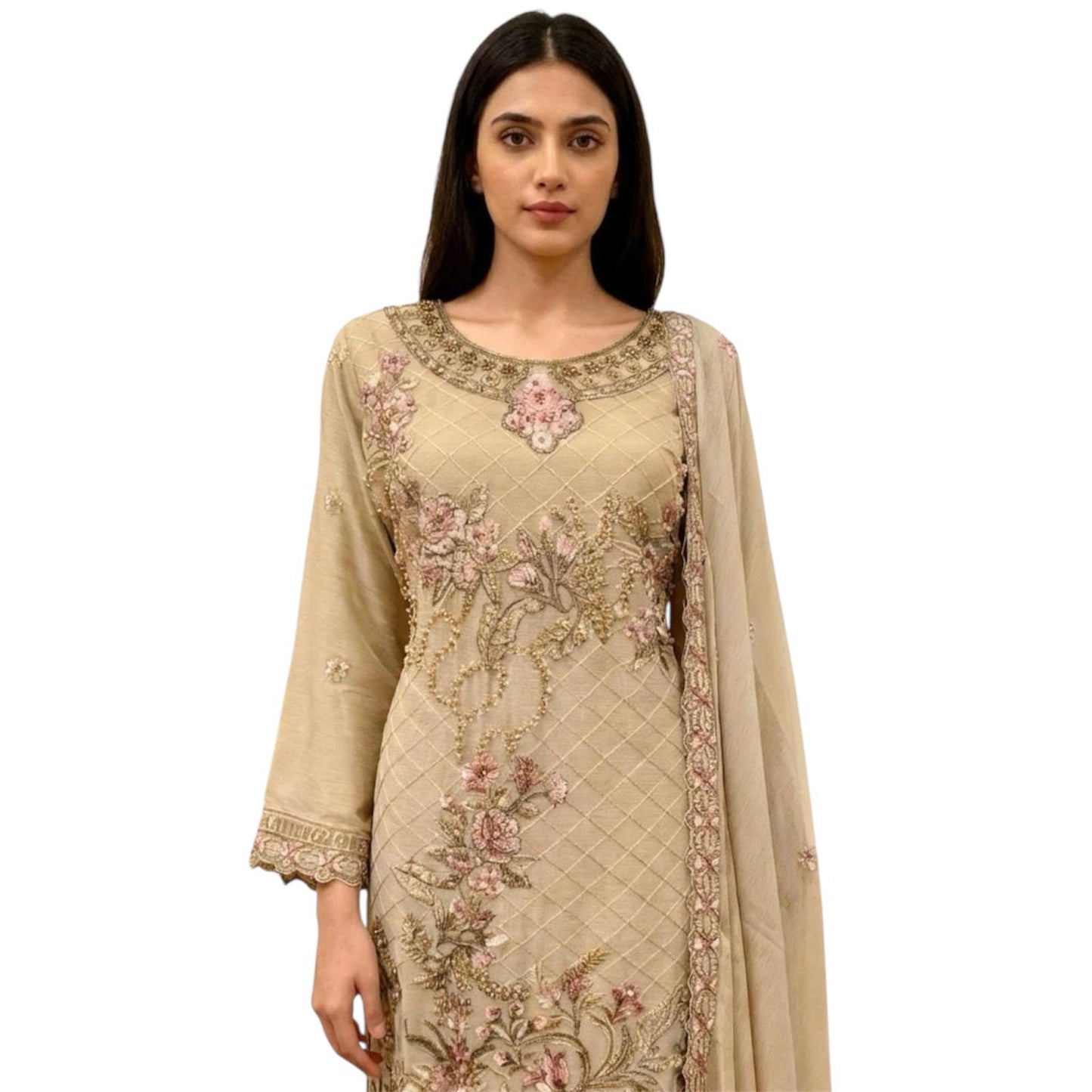 Three-piece Asian Chiffon Suit with Palazzo Trousers Elegant Stone & Embroidery Work for Comfort & Style Long Sleeves
