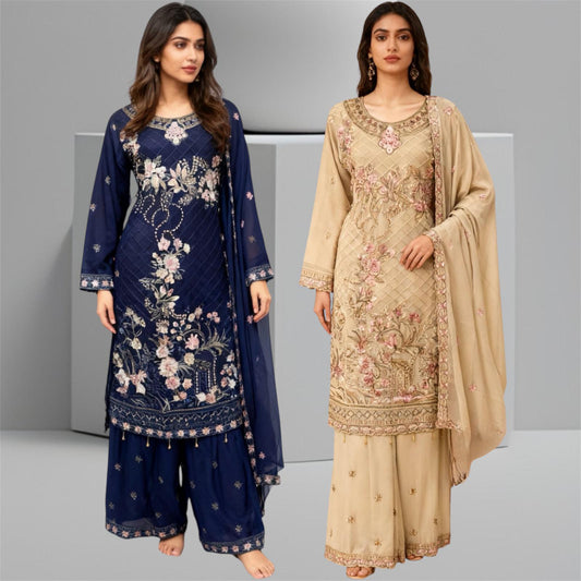 Three-piece Asian Chiffon Suit with Palazzo Trousers Elegant Stone & Embroidery Work for Comfort & Style Long Sleeves