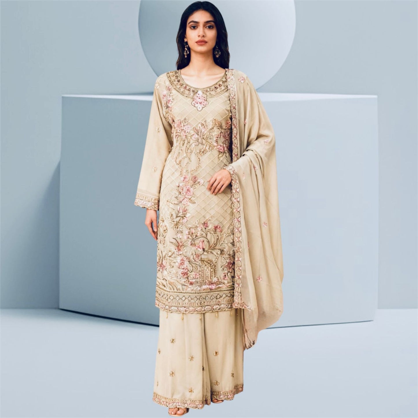 Three-piece Asian Chiffon Suit with Palazzo Trousers Elegant Stone & Embroidery Work for Comfort & Style Long Sleeves