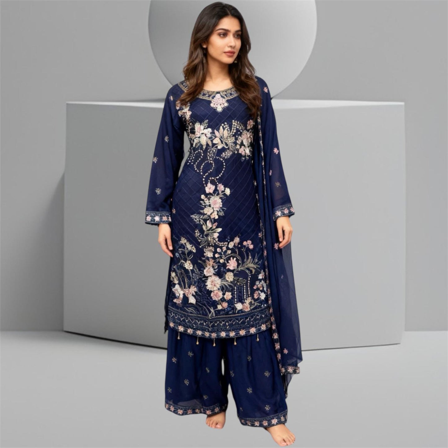 Three-piece Asian Chiffon Suit with Palazzo Trousers Elegant Stone & Embroidery Work for Comfort & Style Long Sleeves