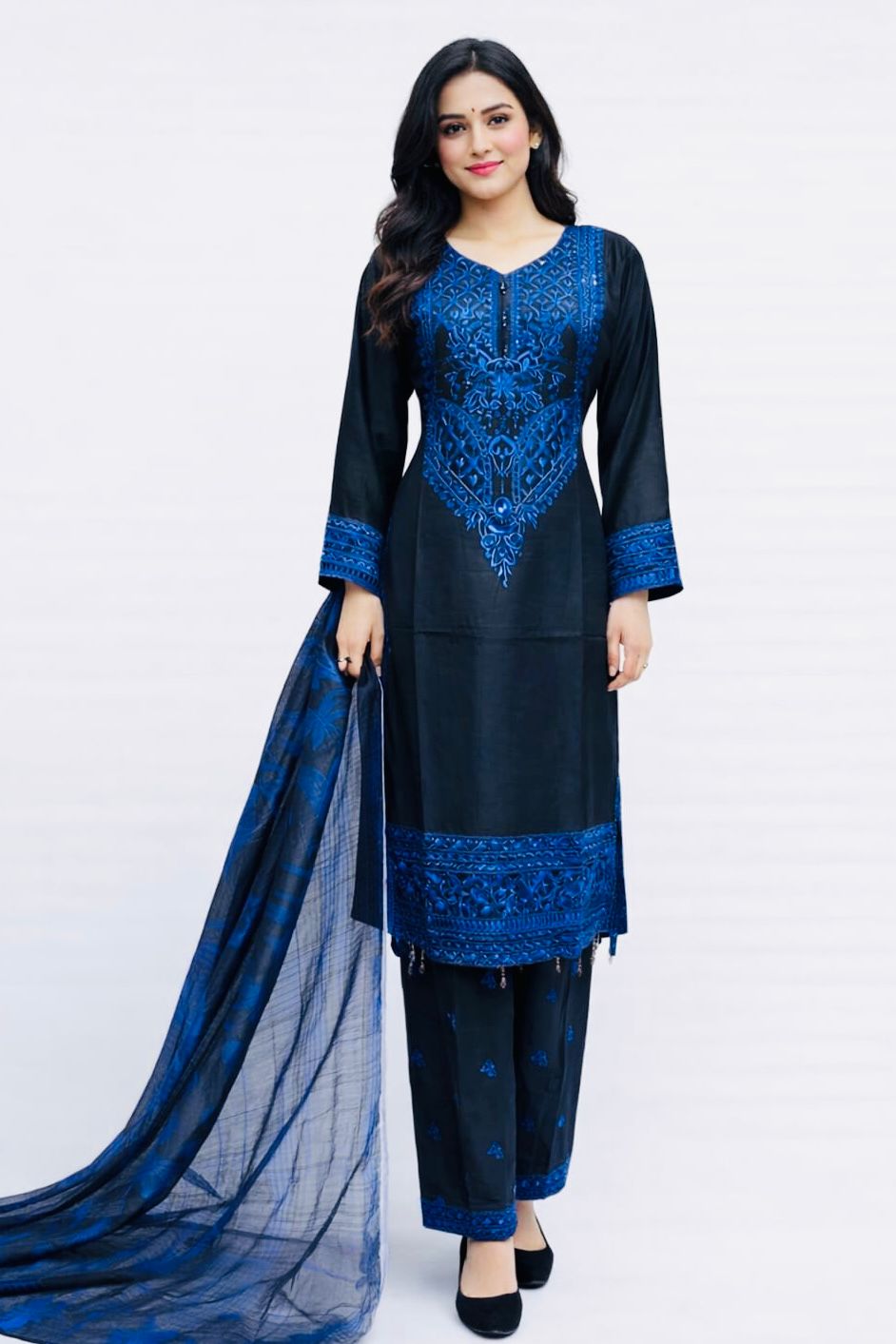 Ready Made Asian Suit Embroidered Sequins with printed Duppata