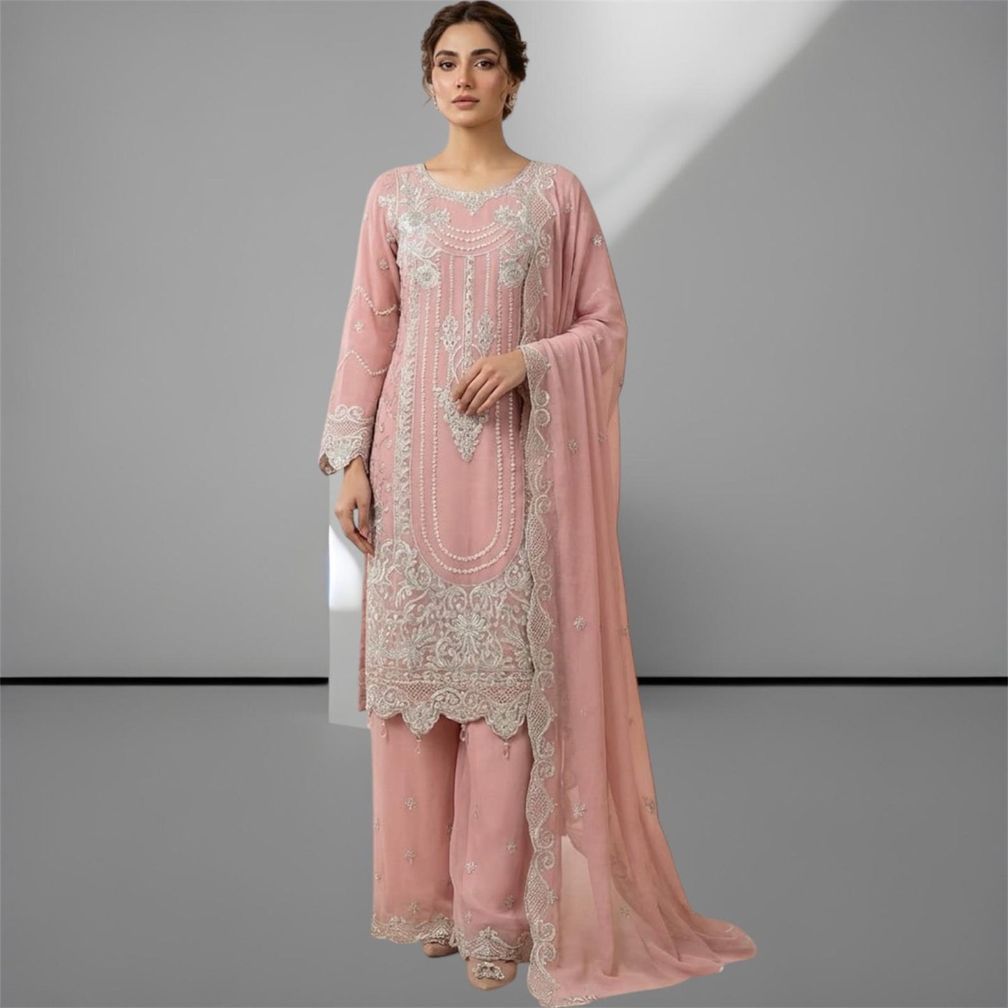 Three-piece Asian Chiffon suit with palazzo trouser