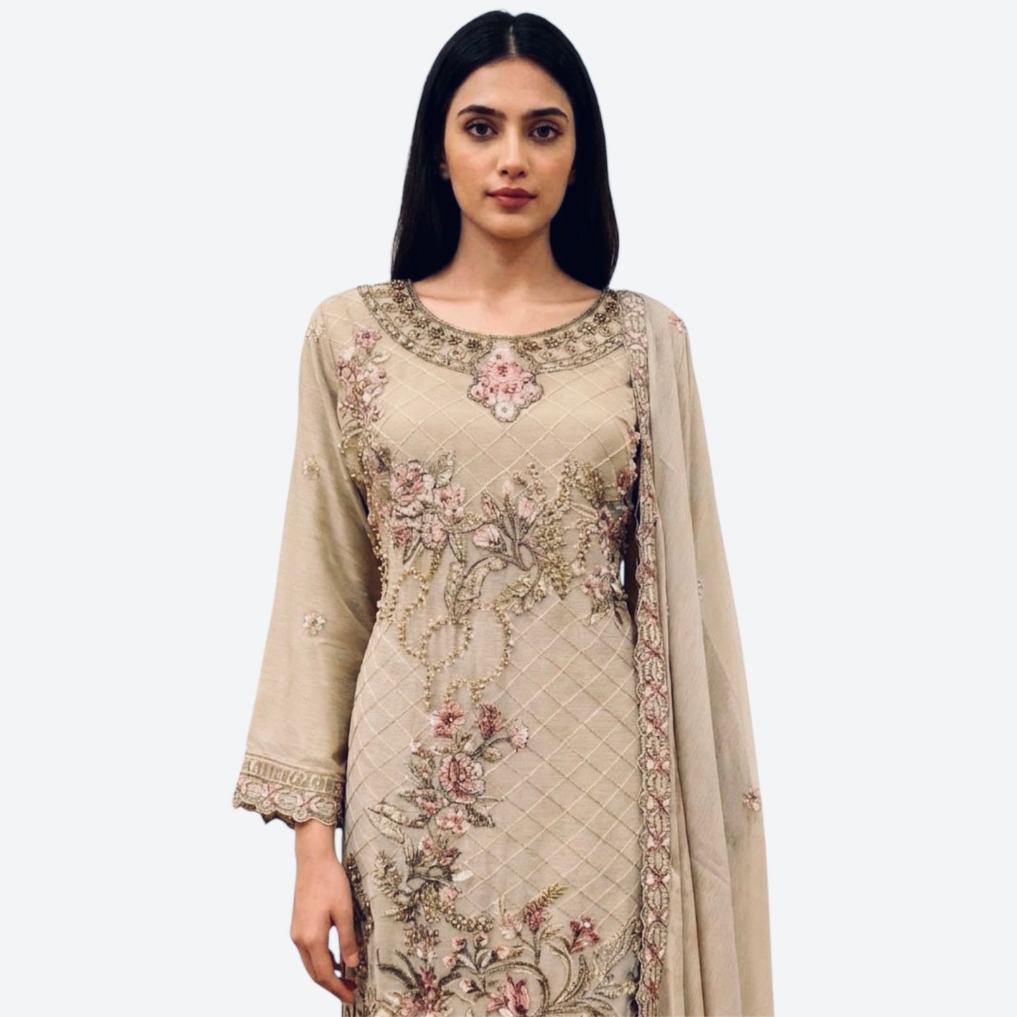 Three-piece Asian Chiffon Suit with Palazzo Trousers Elegant Stone & Embroidery Work for Comfort & Style Long Sleeves