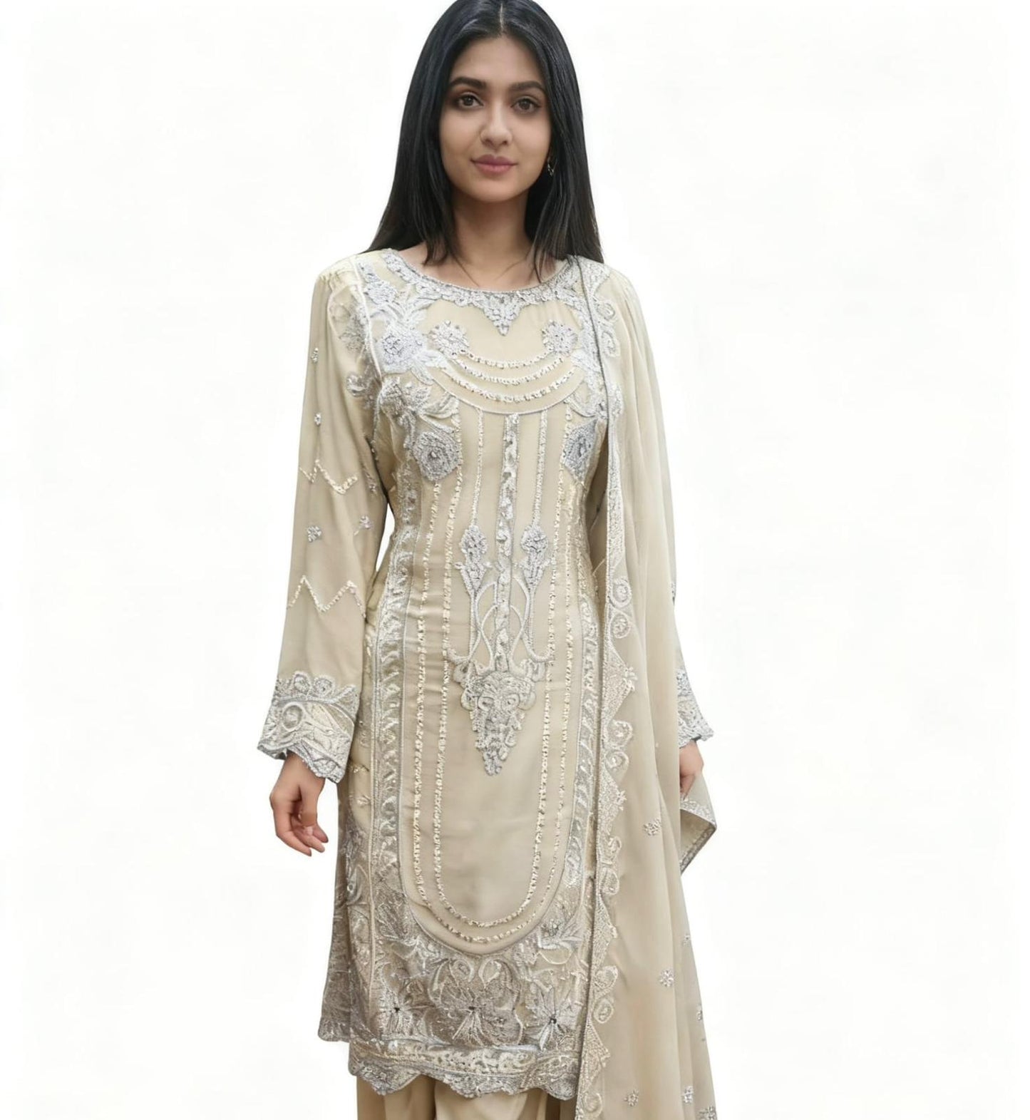 Three-piece Asian Chiffon suit with palazzo trouser