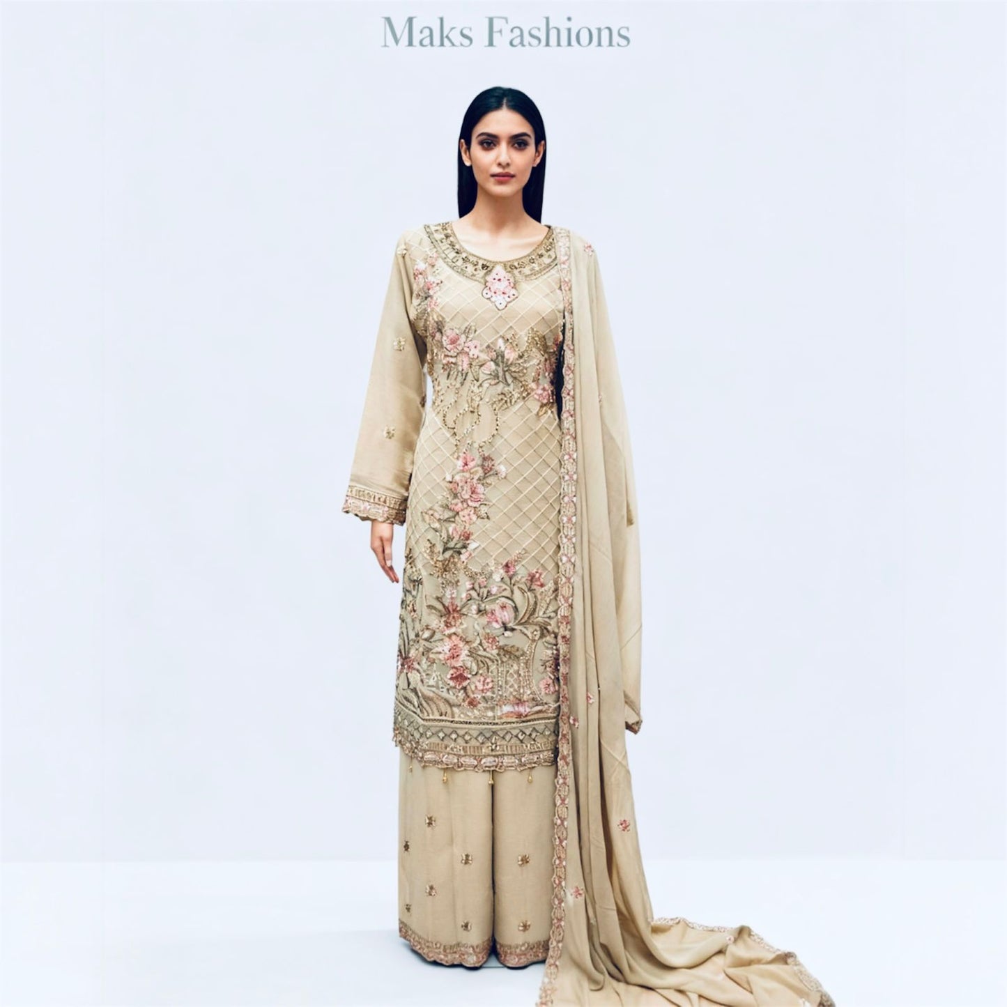 Three-piece Asian Chiffon Suit with Palazzo Trousers Elegant Stone & Embroidery Work for Comfort & Style Long Sleeves