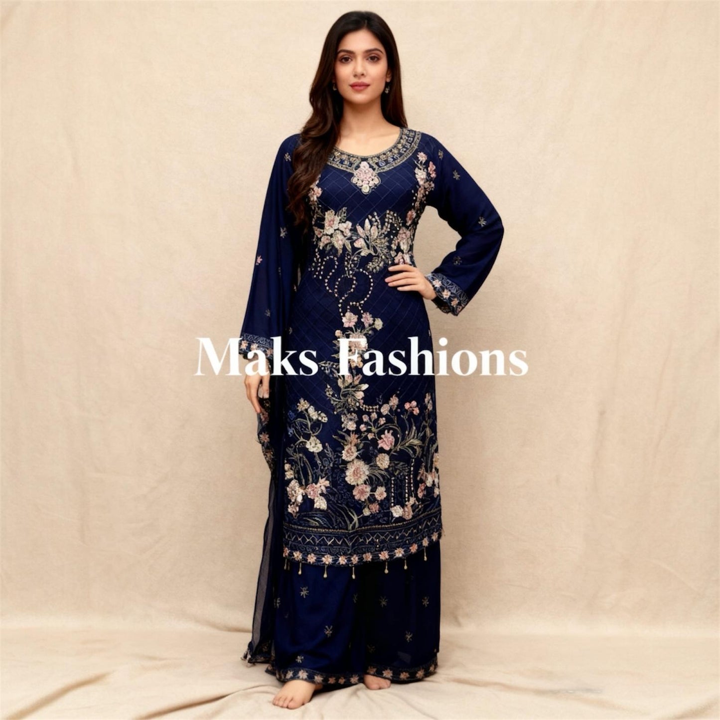 Three-piece Asian Chiffon Suit with Palazzo Trousers Elegant Stone & Embroidery Work for Comfort & Style Long Sleeves