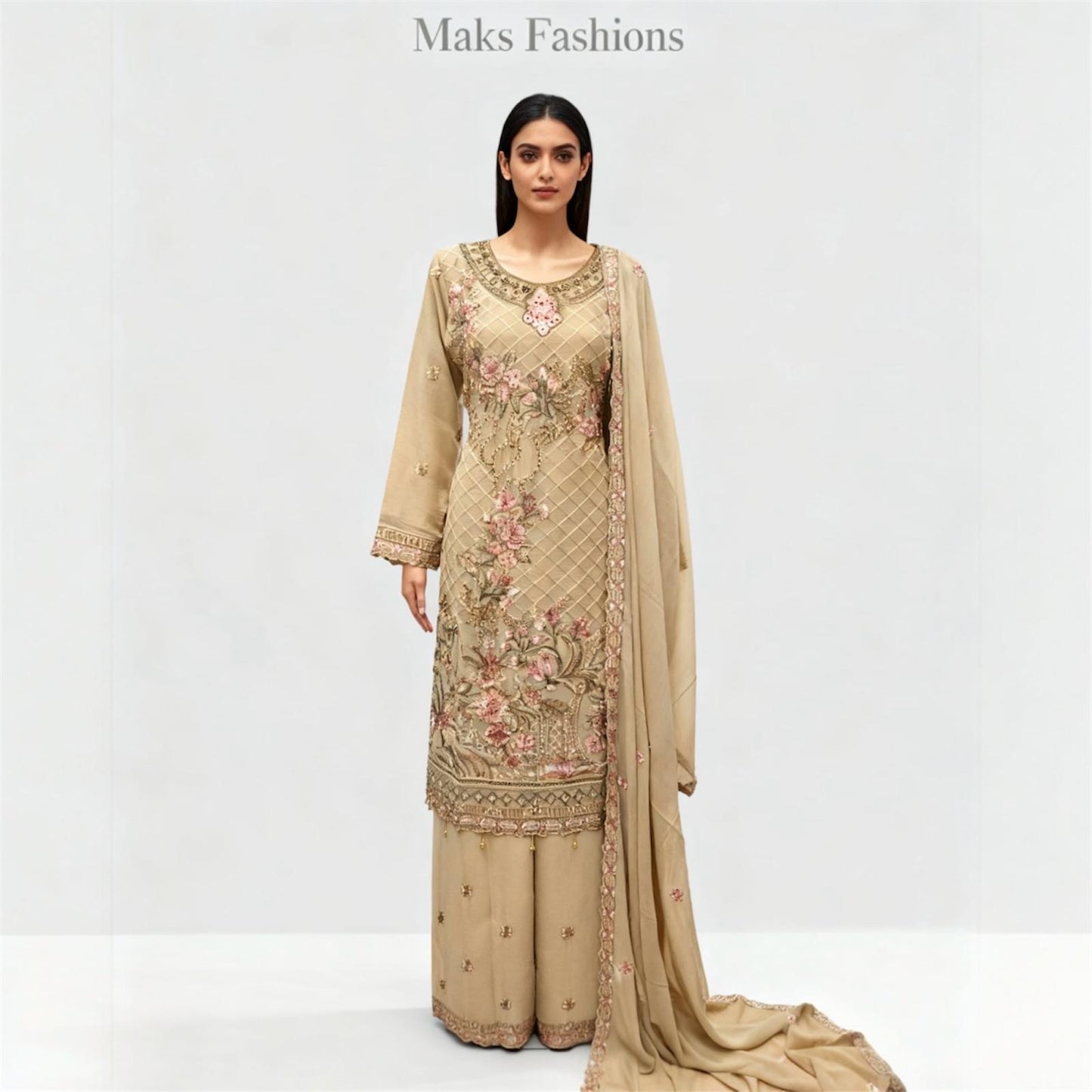 Three-piece Asian Chiffon Suit with Palazzo Trousers Elegant Stone & Embroidery Work for Comfort & Style Long Sleeves