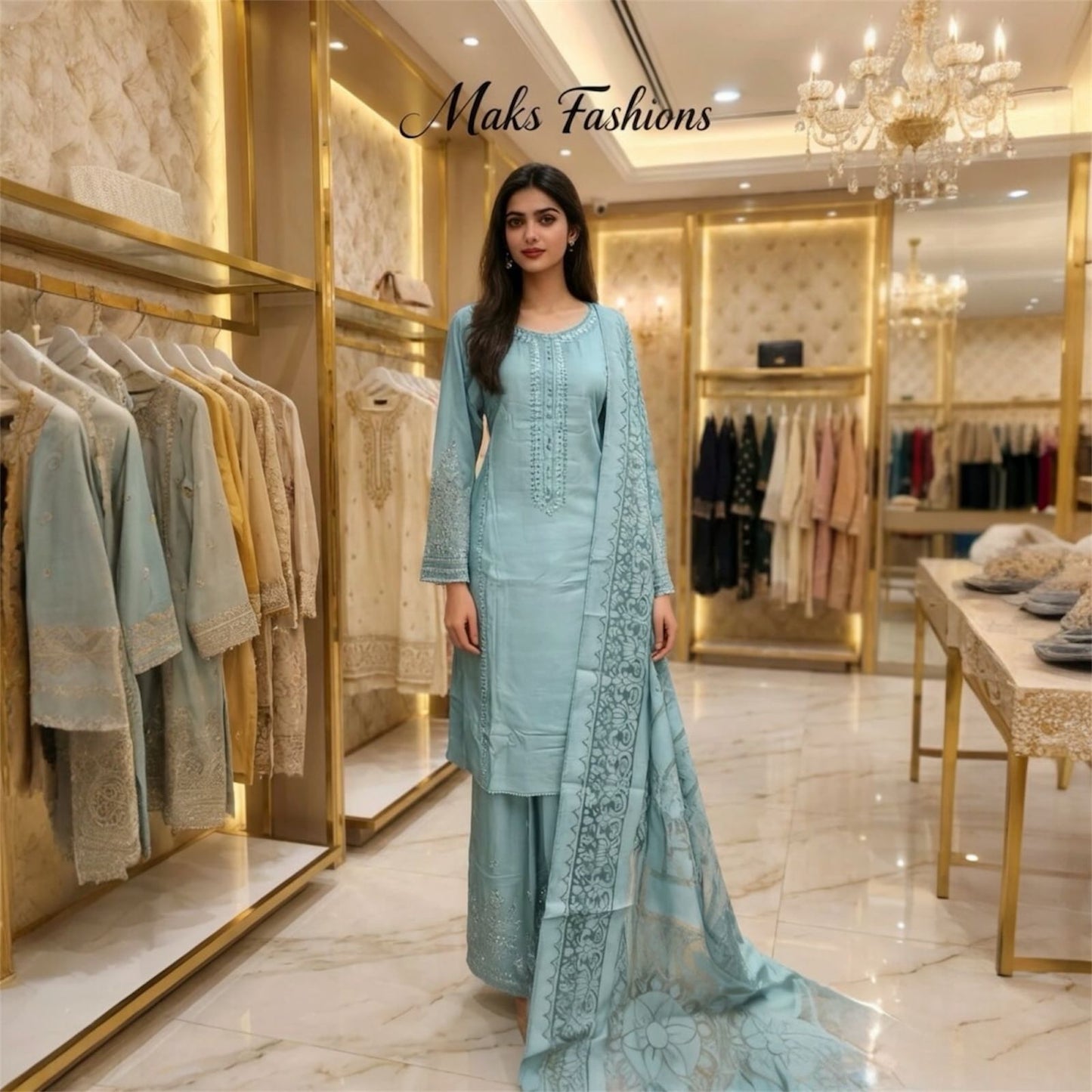 Ready Made Embroidered Sequins suit with Palazzo Trousers