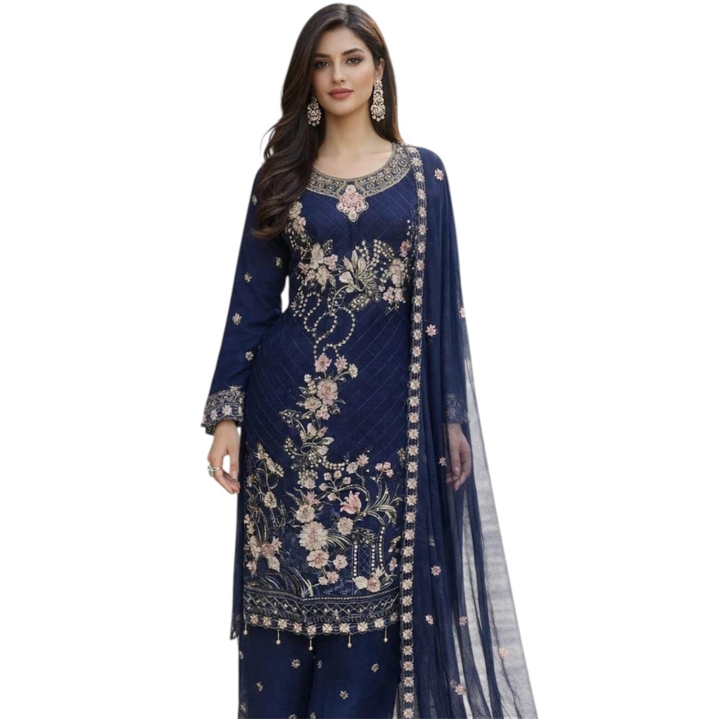 Three-piece Asian Chiffon Suit with Palazzo Trousers Elegant Stone & Embroidery Work for Comfort & Style Long Sleeves