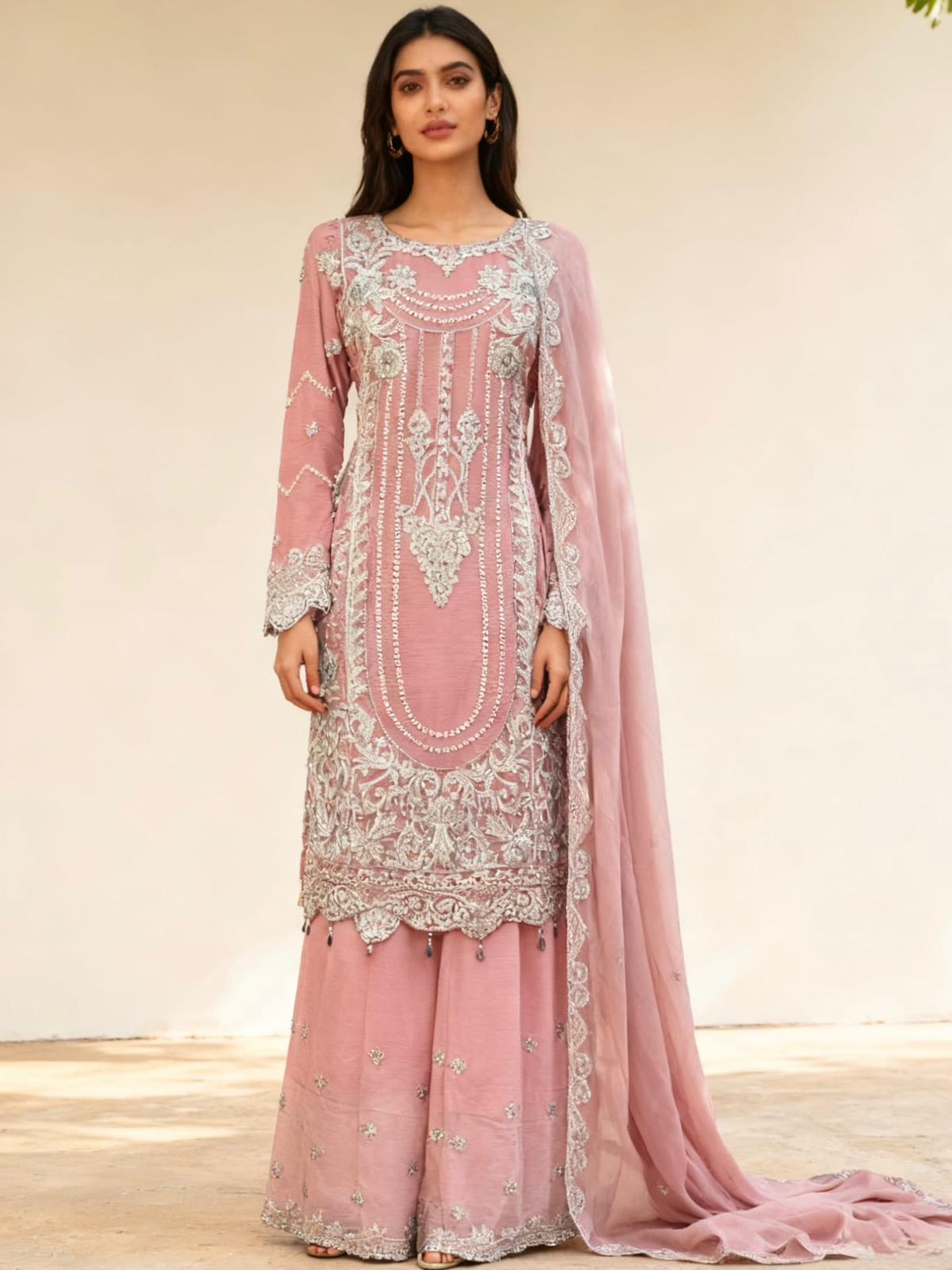 Three-piece Asian Chiffon suit with palazzo trouser