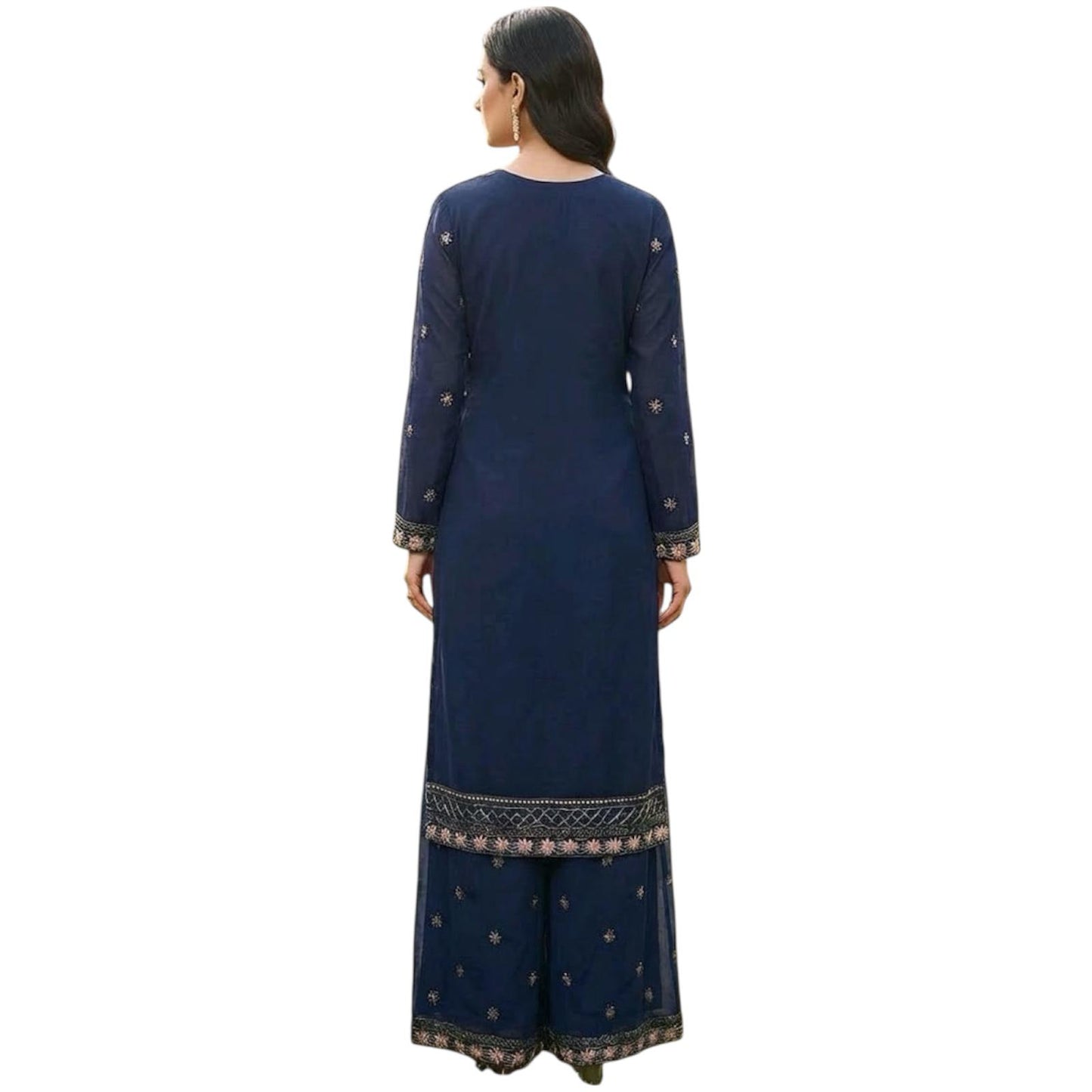 Three-piece Asian Chiffon Suit with Palazzo Trousers Elegant Stone & Embroidery Work for Comfort & Style Long Sleeves