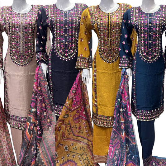 Embroidery Viscose suit with farshi salwaar  and printed Dupatta