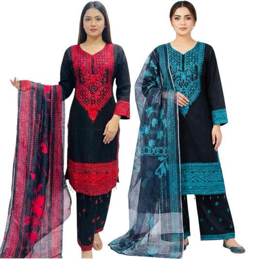 Ready Made Asian Suit Embroidered Sequins with printed Duppata