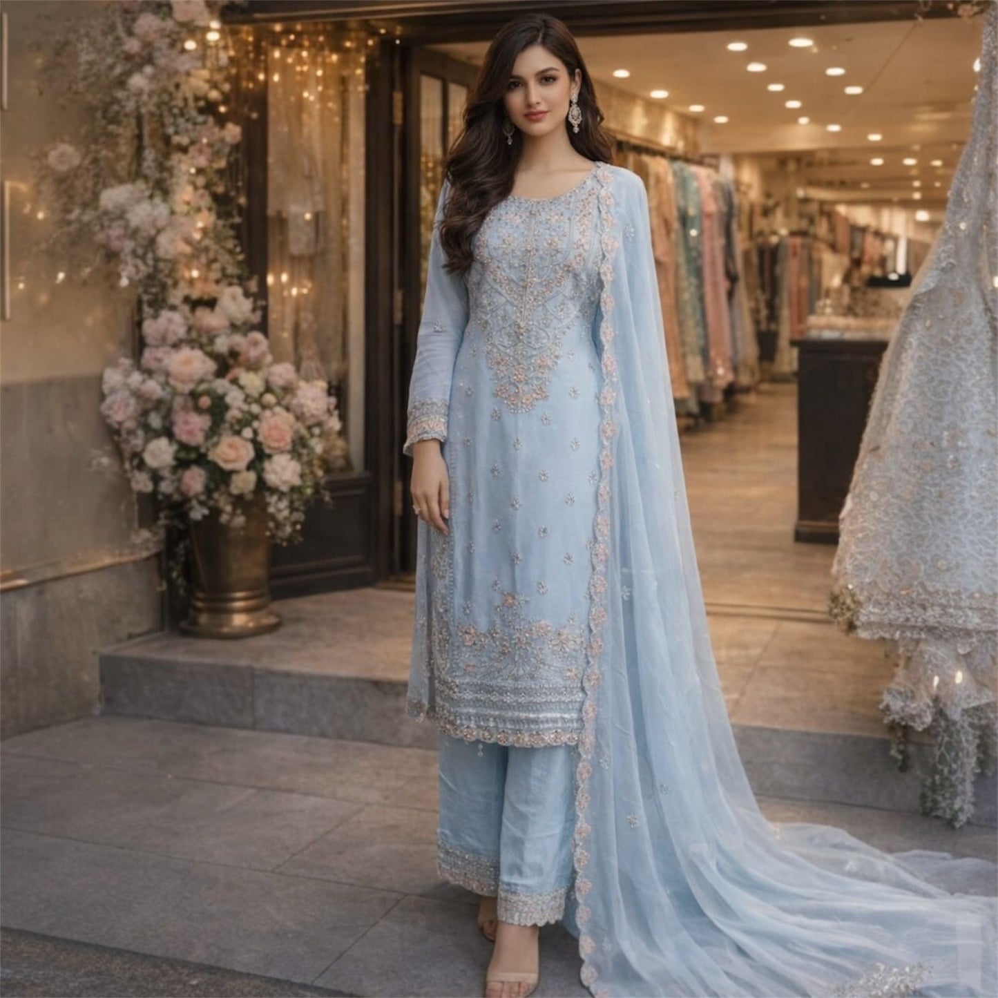 Elegant Chiffon Dress with Matching Scarf.