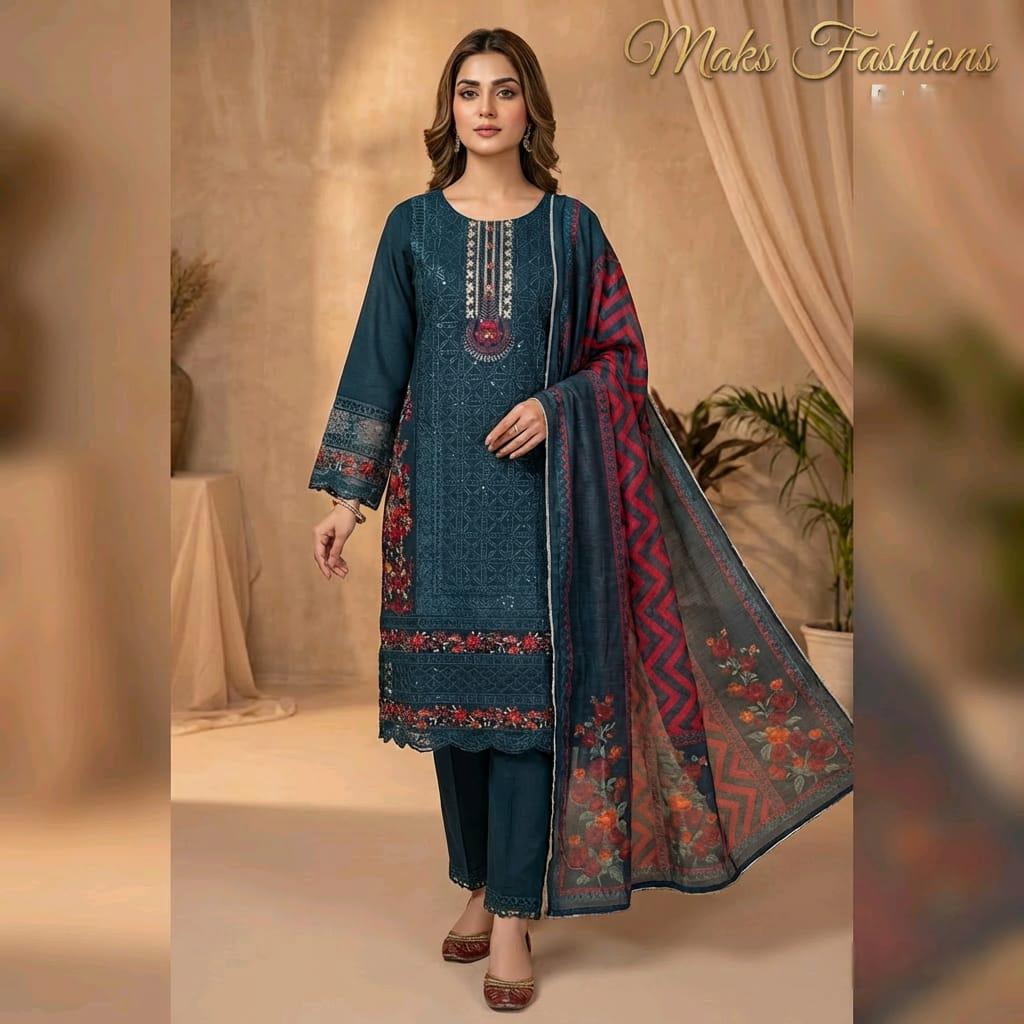 Embroidered Sequins suit with trouser suit and printed duppata