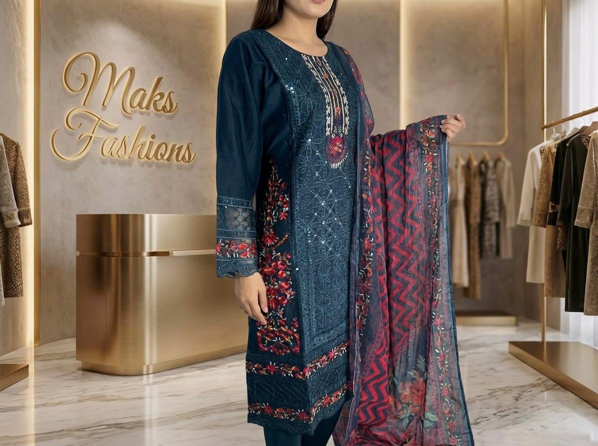 Embroidered Sequins suit with trouser suit and printed duppata