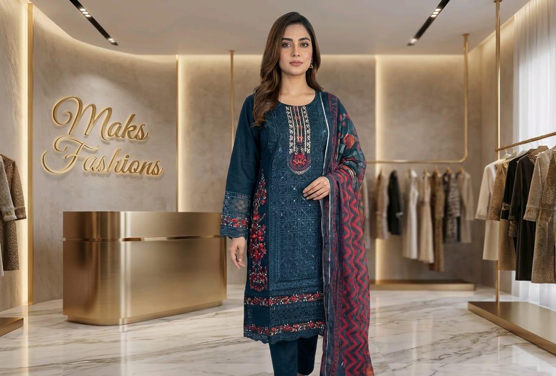 Embroidered Sequins suit with trouser suit and printed duppata