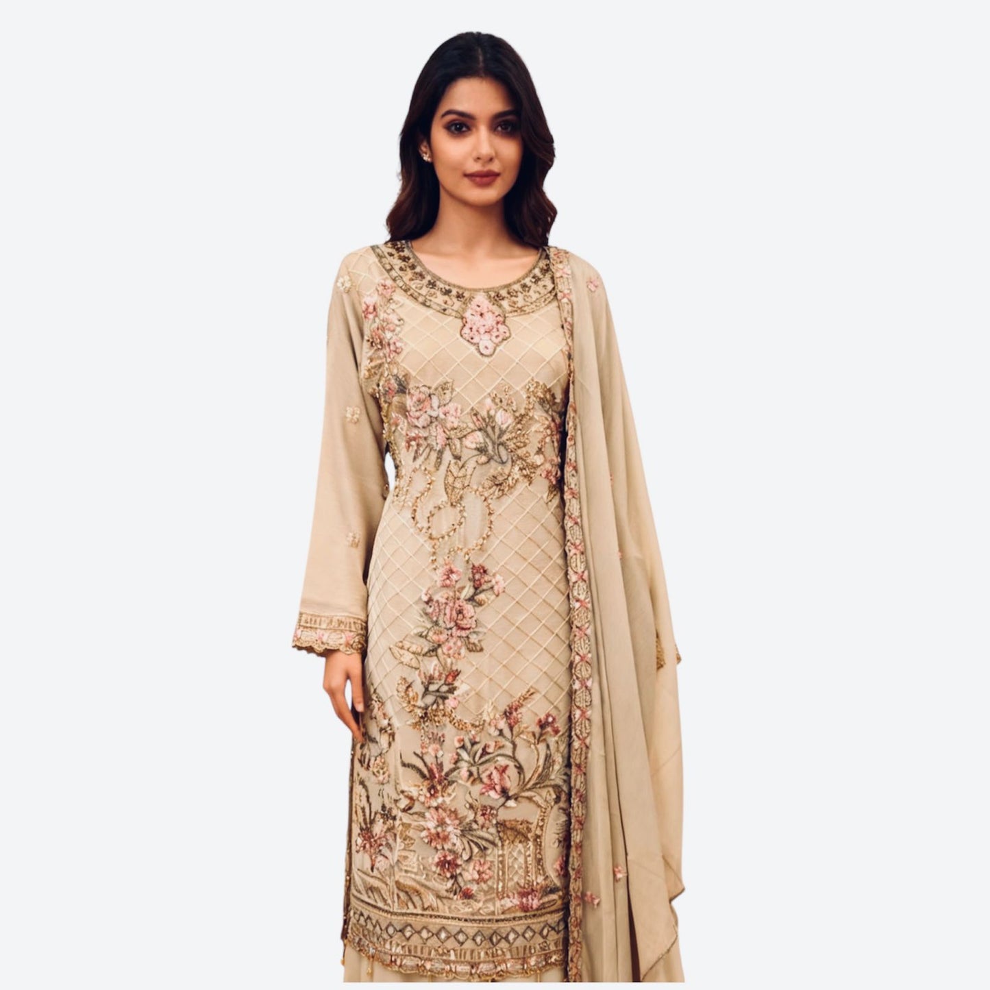 Three-piece Asian Chiffon Suit with Palazzo Trousers Elegant Stone & Embroidery Work for Comfort & Style Long Sleeves
