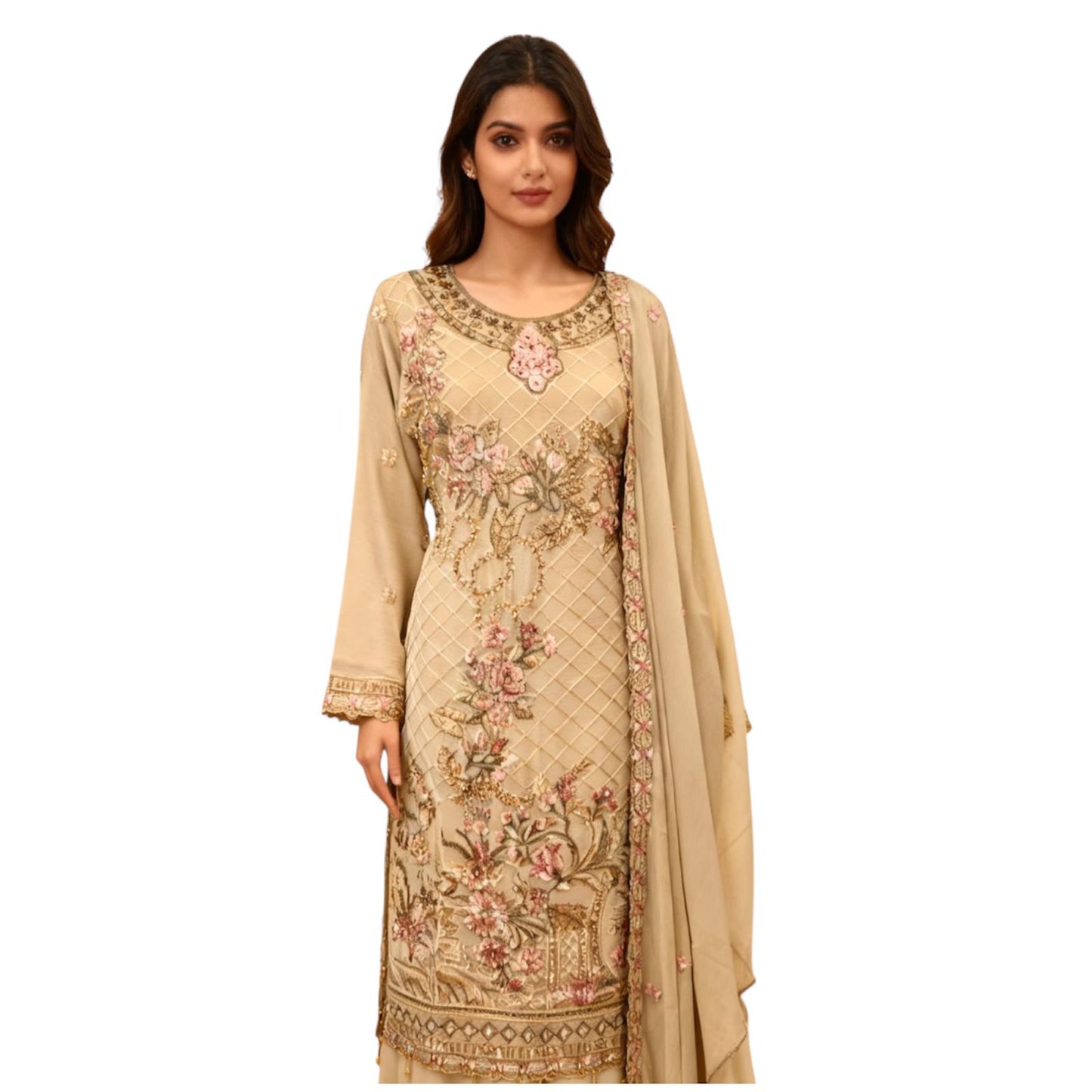 Three-piece Asian Chiffon Suit with Palazzo Trousers Elegant Stone & Embroidery Work for Comfort & Style Long Sleeves