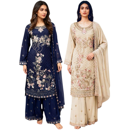 Three-piece Asian Chiffon Suit with Palazzo Trousers Elegant Stone & Embroidery Work for Comfort & Style Long Sleeves