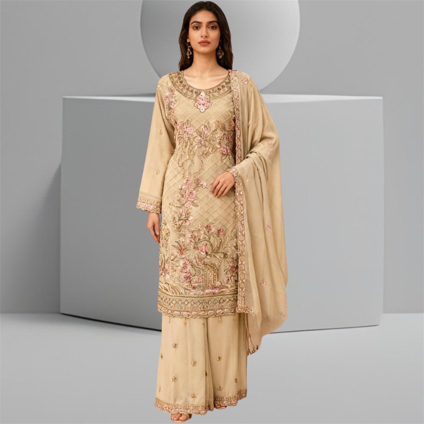 Three-piece Asian Chiffon Suit with Palazzo Trousers Elegant Stone & Embroidery Work for Comfort & Style Long Sleeves