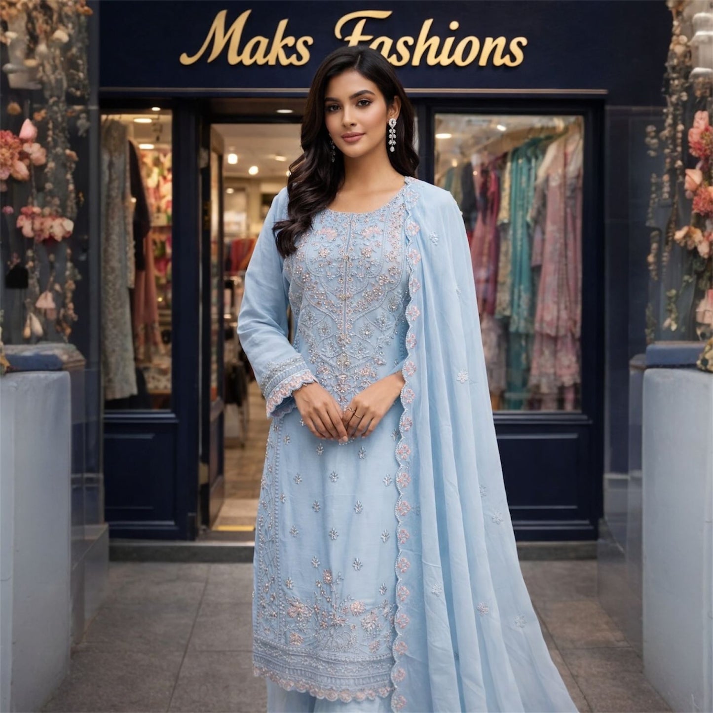 Elegant Chiffon Dress with Matching Scarf.