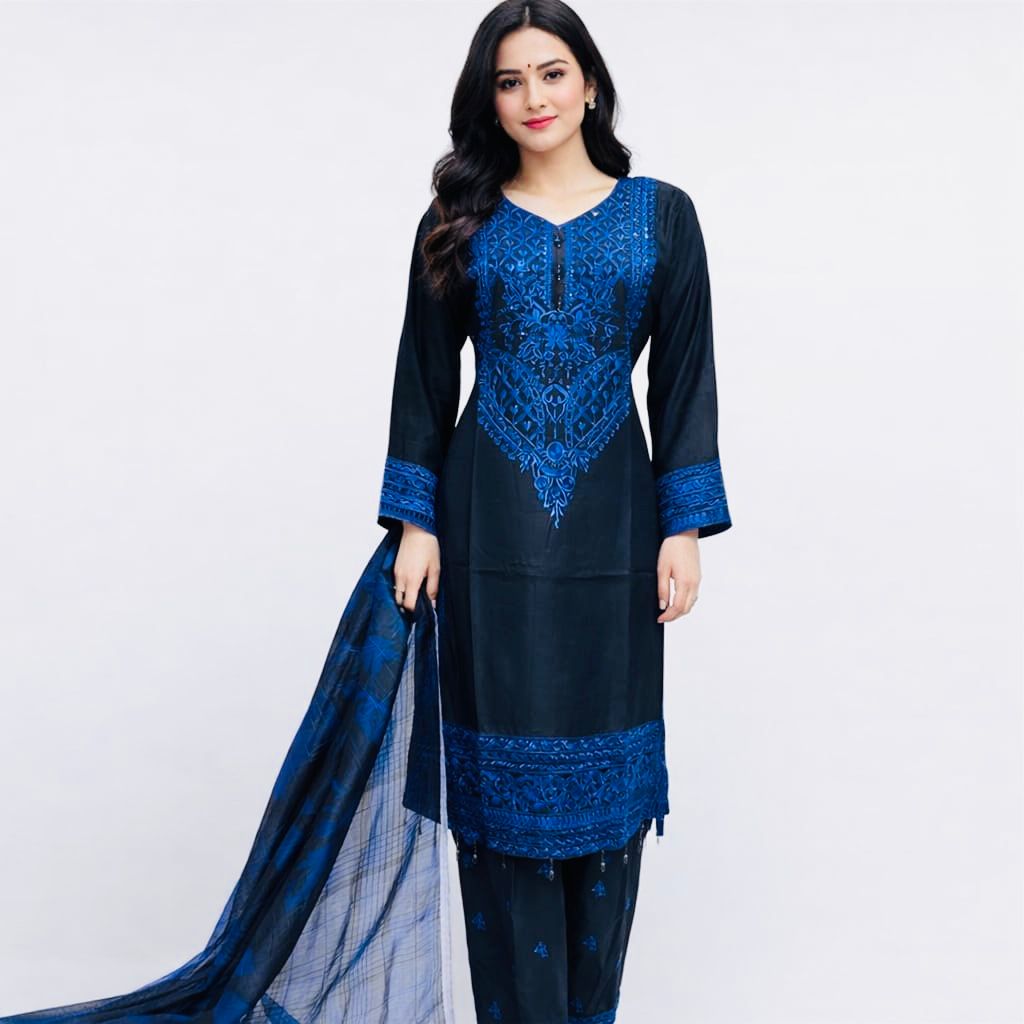 Ready Made Asian Suit Embroidered Sequins with printed Duppata