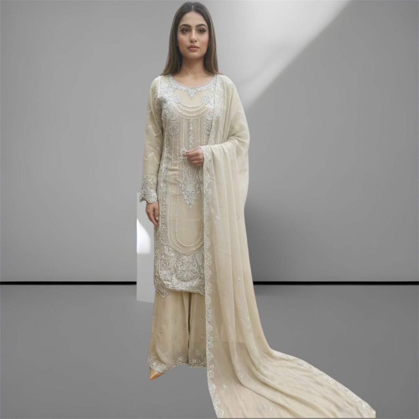 Three-piece Asian Chiffon suit with palazzo trouser