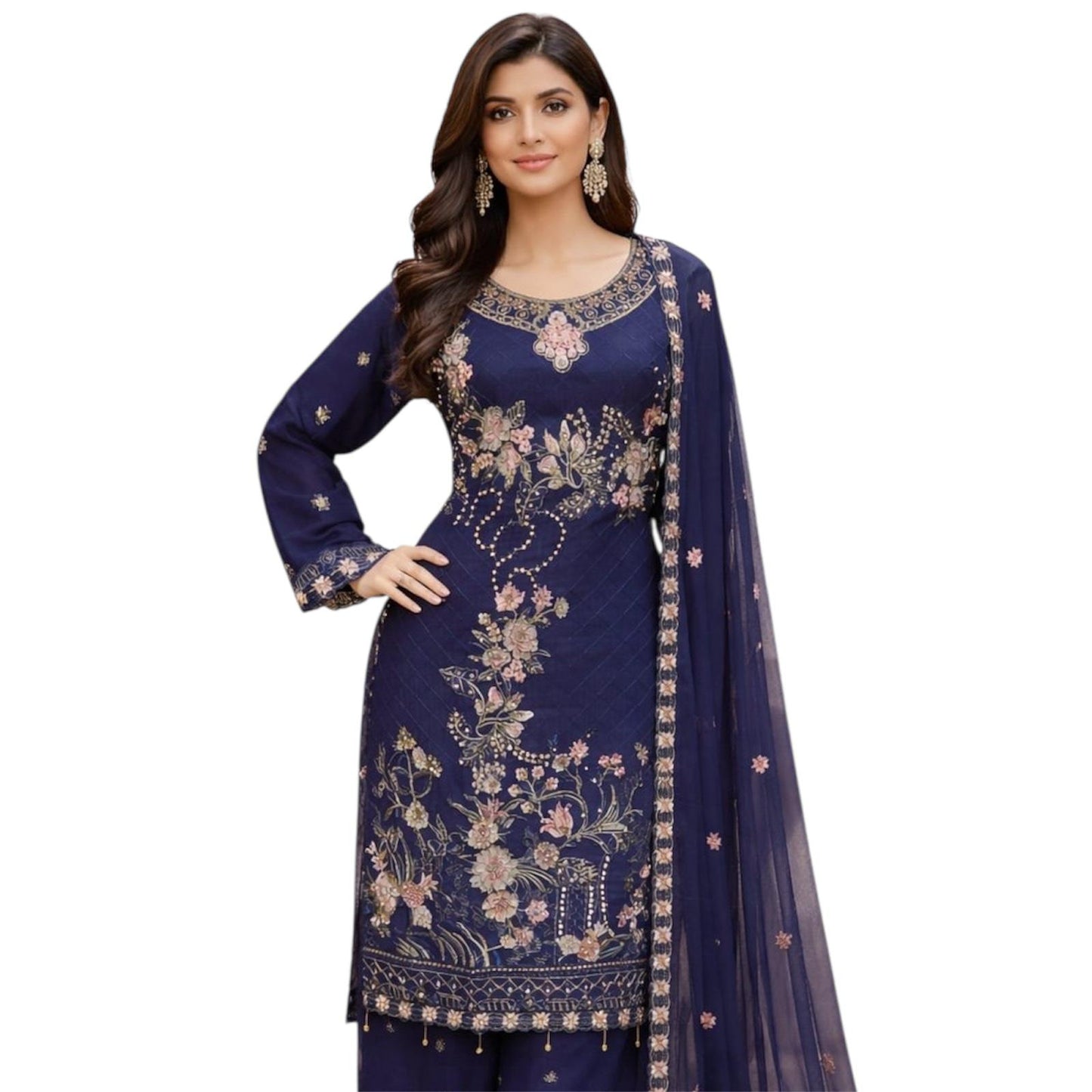 Three-piece Asian Chiffon Suit with Palazzo Trousers Elegant Stone & Embroidery Work for Comfort & Style Long Sleeves